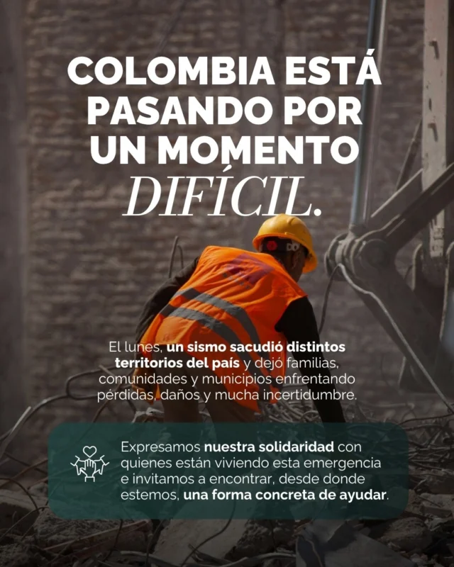 Acompañamos a las comunidades del Chocó, el Eje Cafetero y el suroccidente del país que se vieron afectadas por el sismo que sacudió a gran parte de Colombia.

Hoy nos sumamos a los llamados de solidaridad y empatía. Que nuestra ayuda parta de escuchar, que nuestras redes sirvan para amplificar las voces de quienes necesitan ser escuchados y que, desde donde estemos, encontremos una forma de estar cerca.

Desliza para conocer algunas formas de ayudar.
