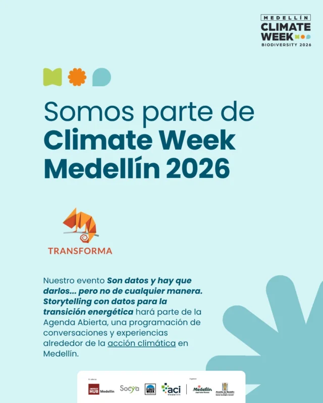 📊 Hoy tenemos más datos que nunca sobre la transición energética. El desafío está en saber cómo interpretarlos, conectarlos y convertirlos en historias que hagan visible lo que está en juego.
En el marco de la primera Semana del Clima de Medellín, tendremos un espacio práctico para explorar cómo pasar de datos planos a narrativas estratégicas que permitan comunicar mejor los desafíos y oportunidades de la transición energética y aportar nuevas perspectivas para avanzar hacia ella.
🗓️ 2 de octubre, 10:30 a. m.
📍Evento presencial en Medellín

Regístrate y asiste en: https://luma.com/climate-a0ve